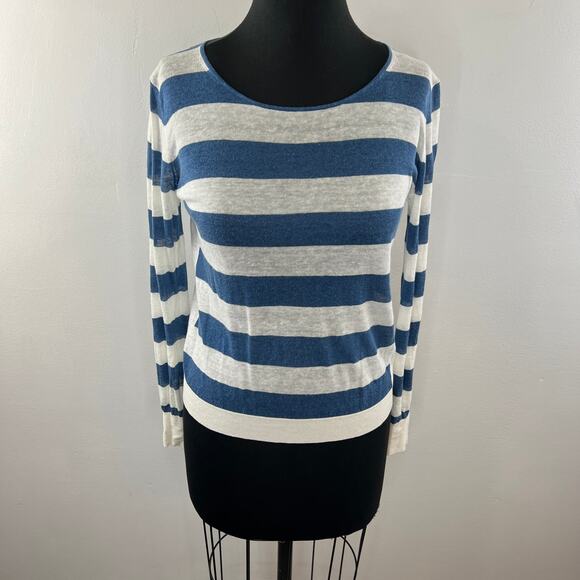 THEORY Blue White Stripe Linen Blend Long Sleeve Round Neck Pullover Sweater S - Picture 3 of 9